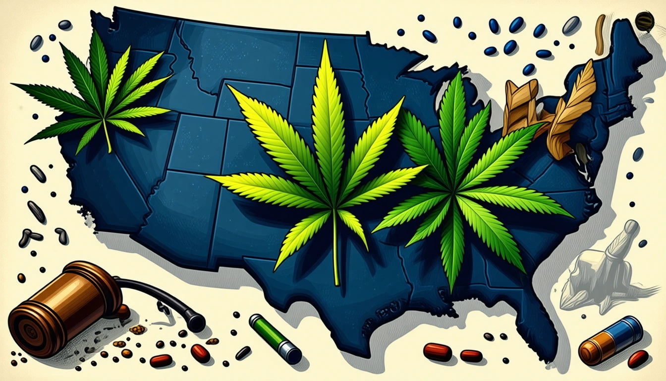 Blue map of the USA with three large green cannabis leaves, surrounded by pills, a gavel, and a wooden chair