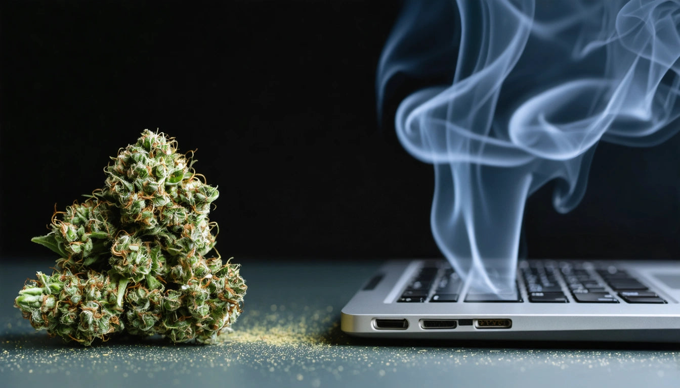 Dense cluster of green buds next to a laptop with smoke rising from the keyboard against a dark background