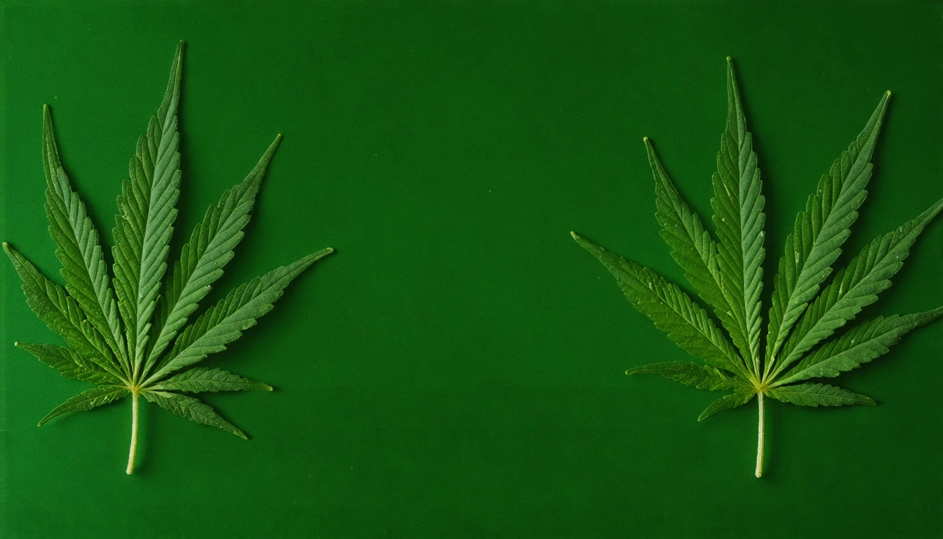 Two green leaves with serrated edges on a solid green background, positioned symmetrically on either side