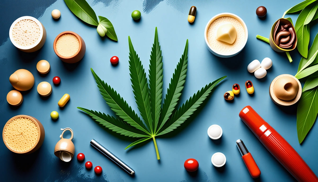 Large green leaf centered on blue surface, surrounded by assorted pills, capsules, leaves, and small containers