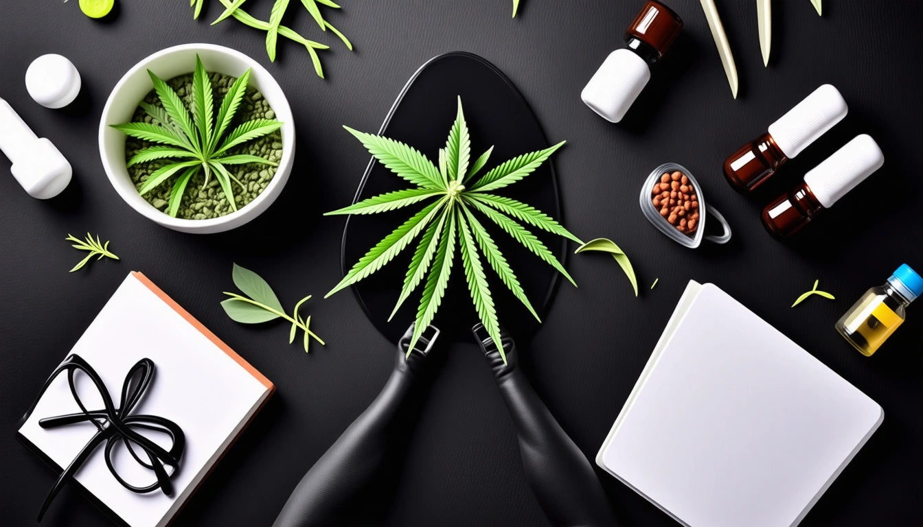 Green leaves on a black shovel, surrounded by bottles, notebooks, and small bowls on a black surface