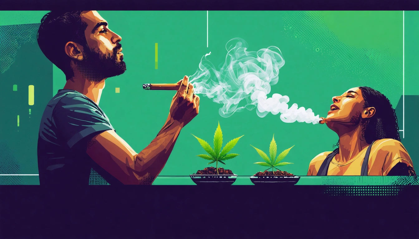 Man holding cigar with smoke, woman exhaling vapor, two potted plants on table, green background