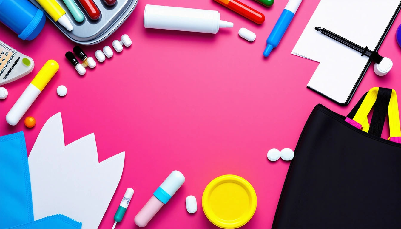 Assorted stationery and pills scattered on a pink surface, including markers, paper, a black bag, and a yellow lid