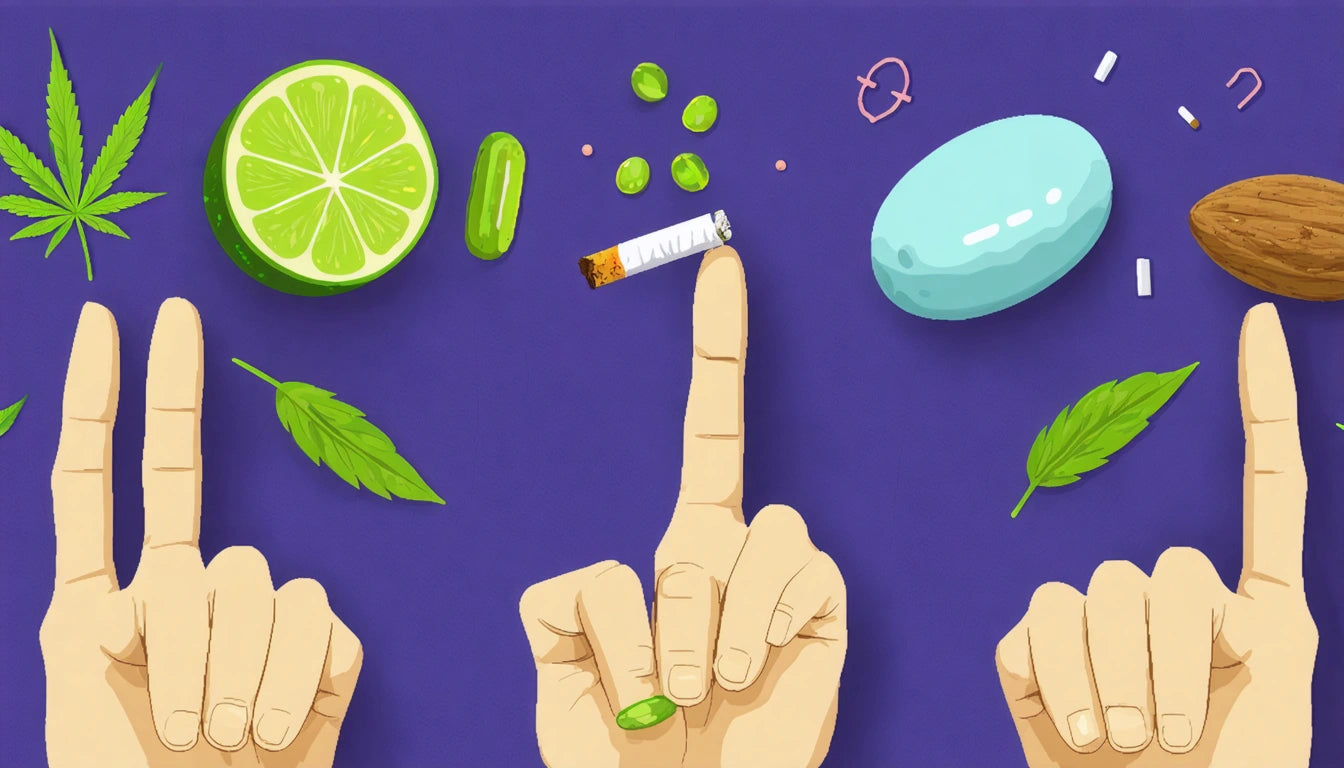 Hands pointing up, surrounded by lime, pill, almond, leaves, and a cigarette on a purple background