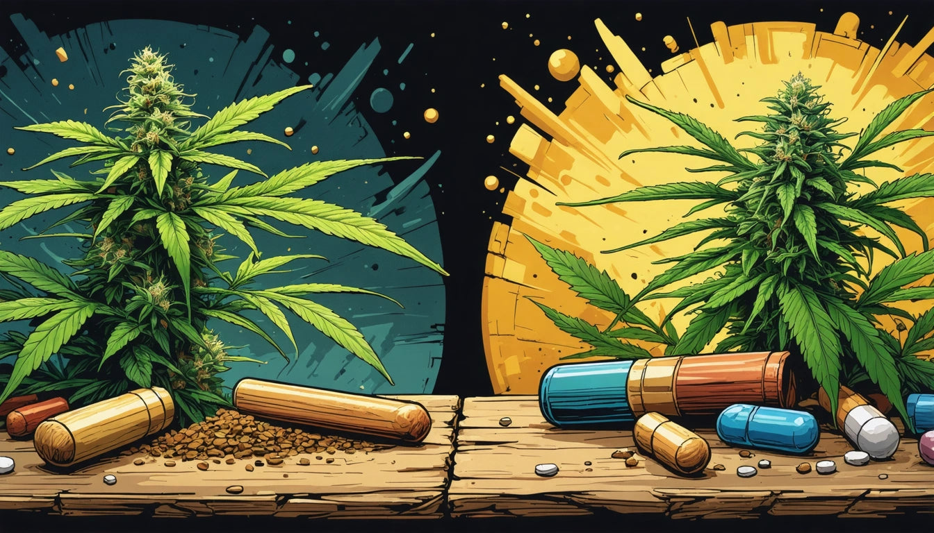 Two cannabis plants on wooden surfaces, surrounded by capsules and pills, with blue and yellow abstract backgrounds