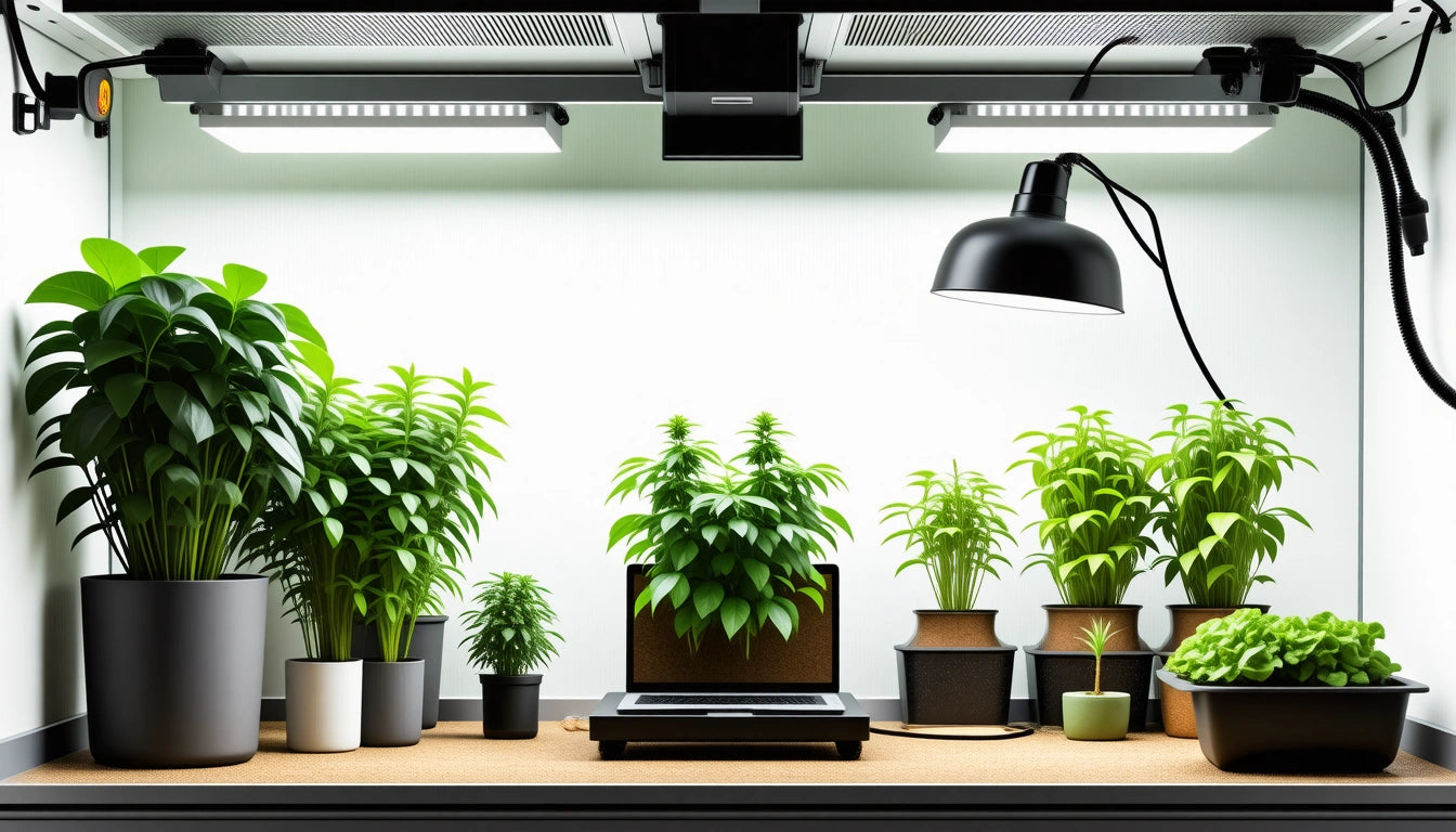 Potted plants of various sizes under bright lights on a shelf, with a black lamp overhead and a small electronic device in front