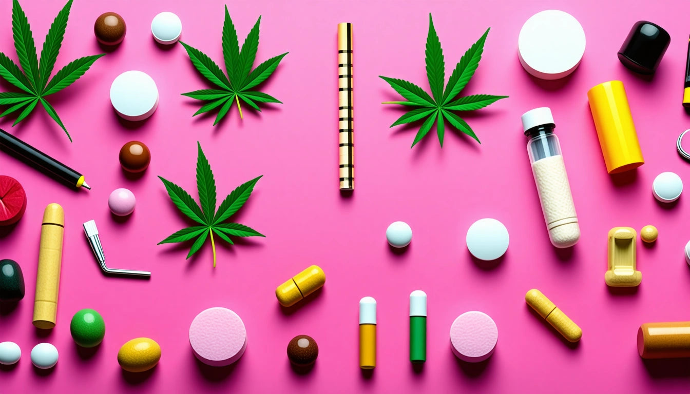 Assorted pills, capsules, and cannabis leaves on a pink background, with vape pen and inhaler scattered among them