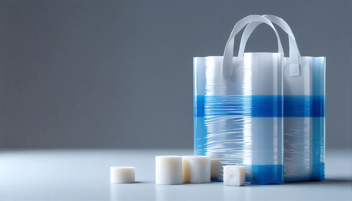 White and blue striped plastic bag with handles, next to four cylindrical and one cube-shaped white objects on a smooth surface