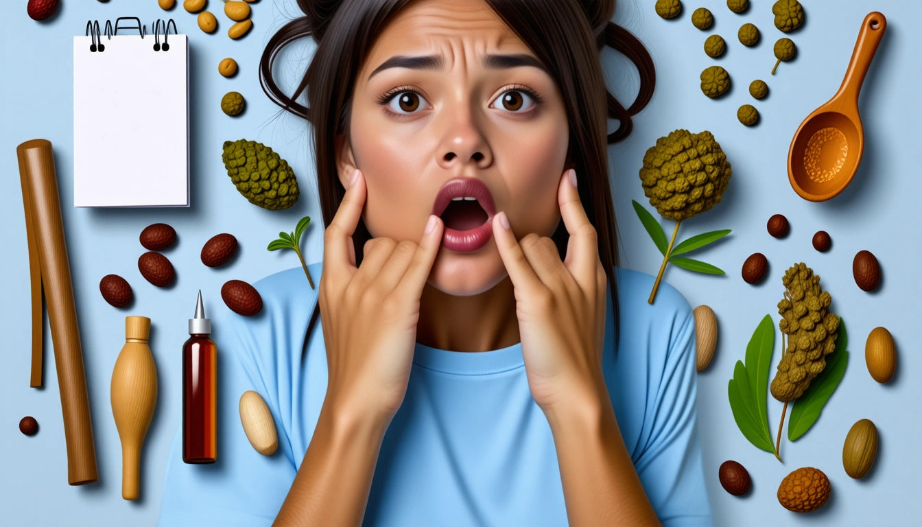 Woman with surprised expression, fingers on cheeks, surrounded by various nuts, seeds, and kitchen utensils on a light blue background