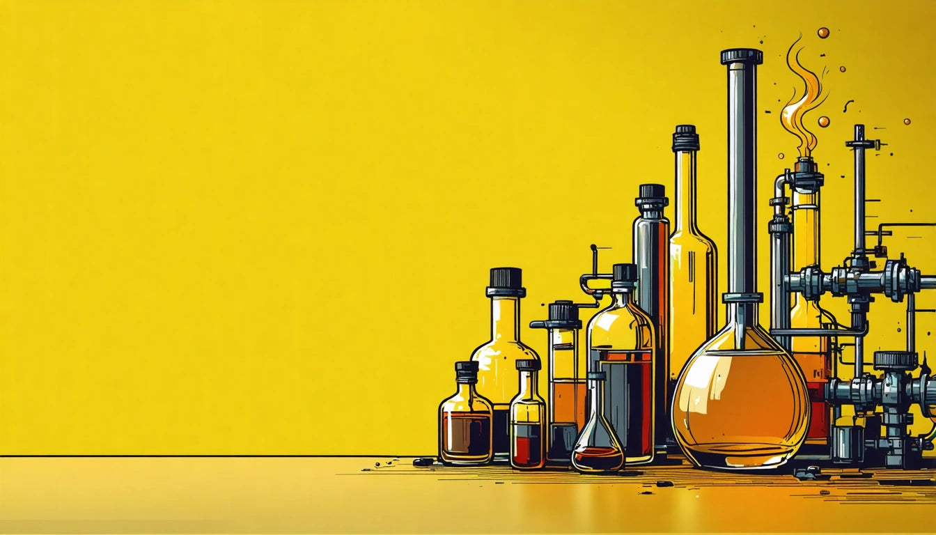 Various glass bottles and flasks with liquid on a yellow background, some emitting steam, arranged in a row