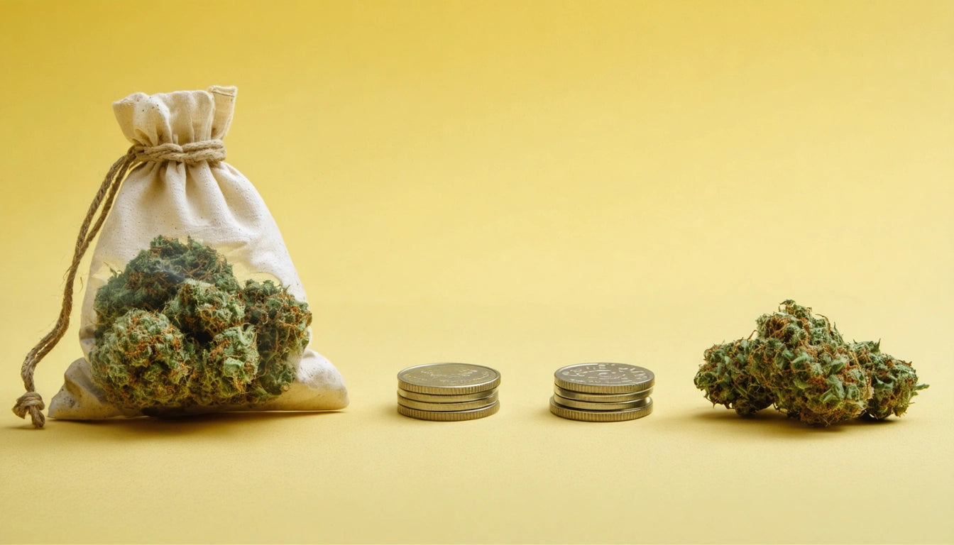 A small cloth bag filled with green buds, two stacks of coins, and a pile of green buds on a yellow background
