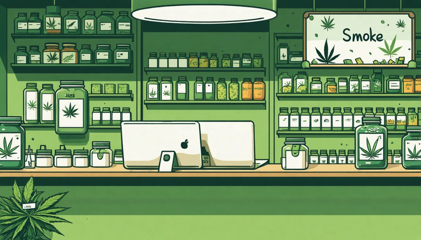 Store counter with two computers, shelves filled with jars and boxes, green color scheme, overhead light, framed leaf poster