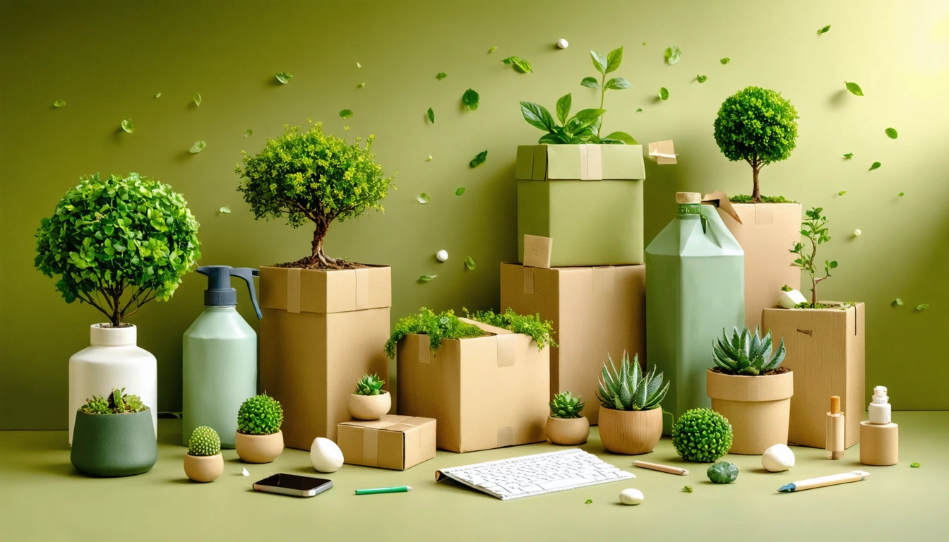 Cardboard boxes with potted plants, small trees, and succulents on a green surface; scattered leaves and a keyboard nearby