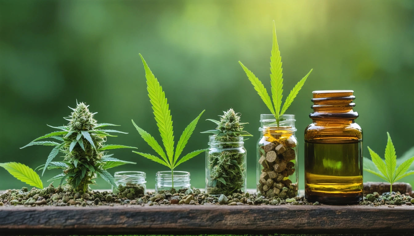 Glass jars with cannabis buds and leaves, amber bottle with liquid, all on wooden surface with blurred green background
