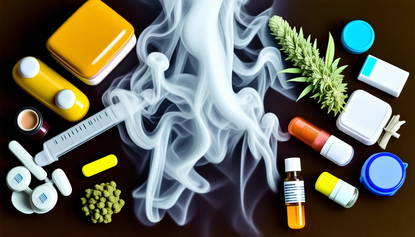 Various pills, bottles, syringe, and green plant surrounding swirling white smoke on a dark surface