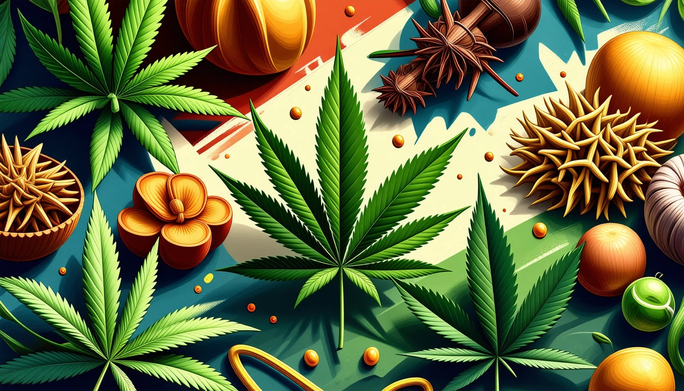 Green leaves, spiky brown pods, orange flowers, and various round objects on a colorful abstract background