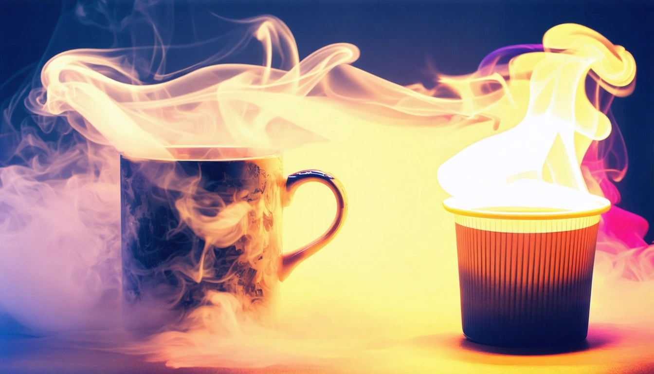 Steaming mug next to a small cup with a bright flame, surrounded by swirling smoke on a colorful background