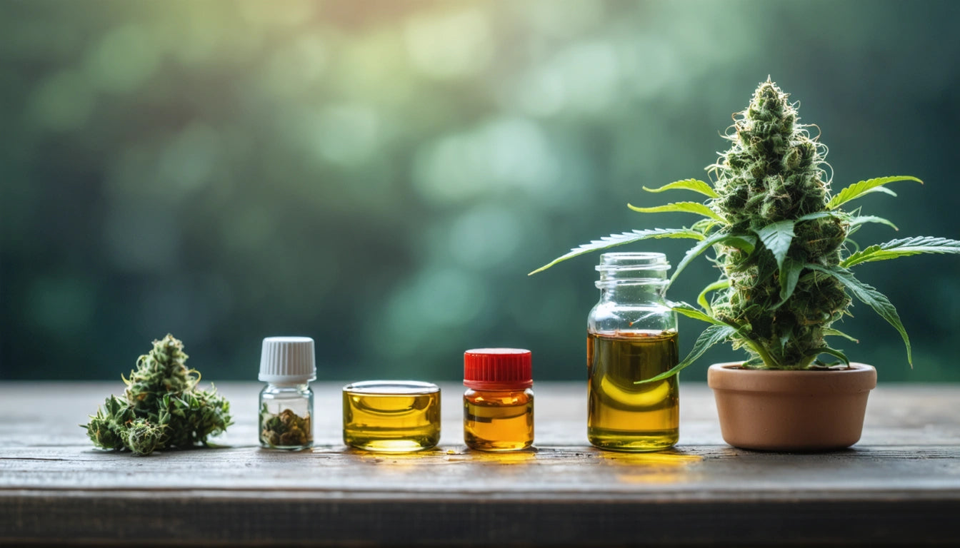 Glass jars with golden liquid, small cannabis buds, and a potted cannabis plant on a wooden surface, blurred green background