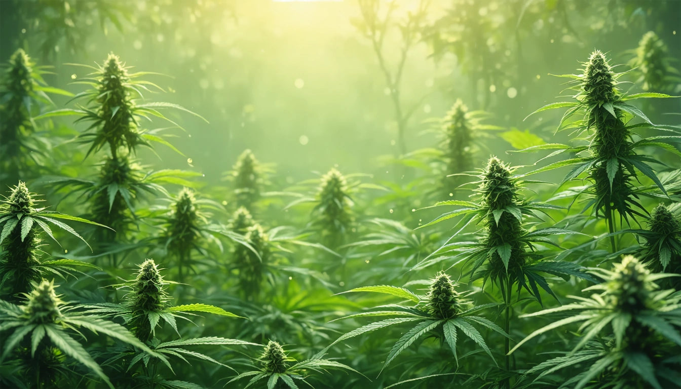 Dense green plants with pointed leaves and buds under soft, glowing sunlight in a misty, lush environment