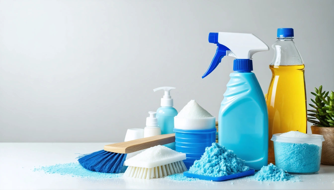 Blue cleaning supplies, spray bottle, soap dispenser, brush, and powder on white surface with small plant