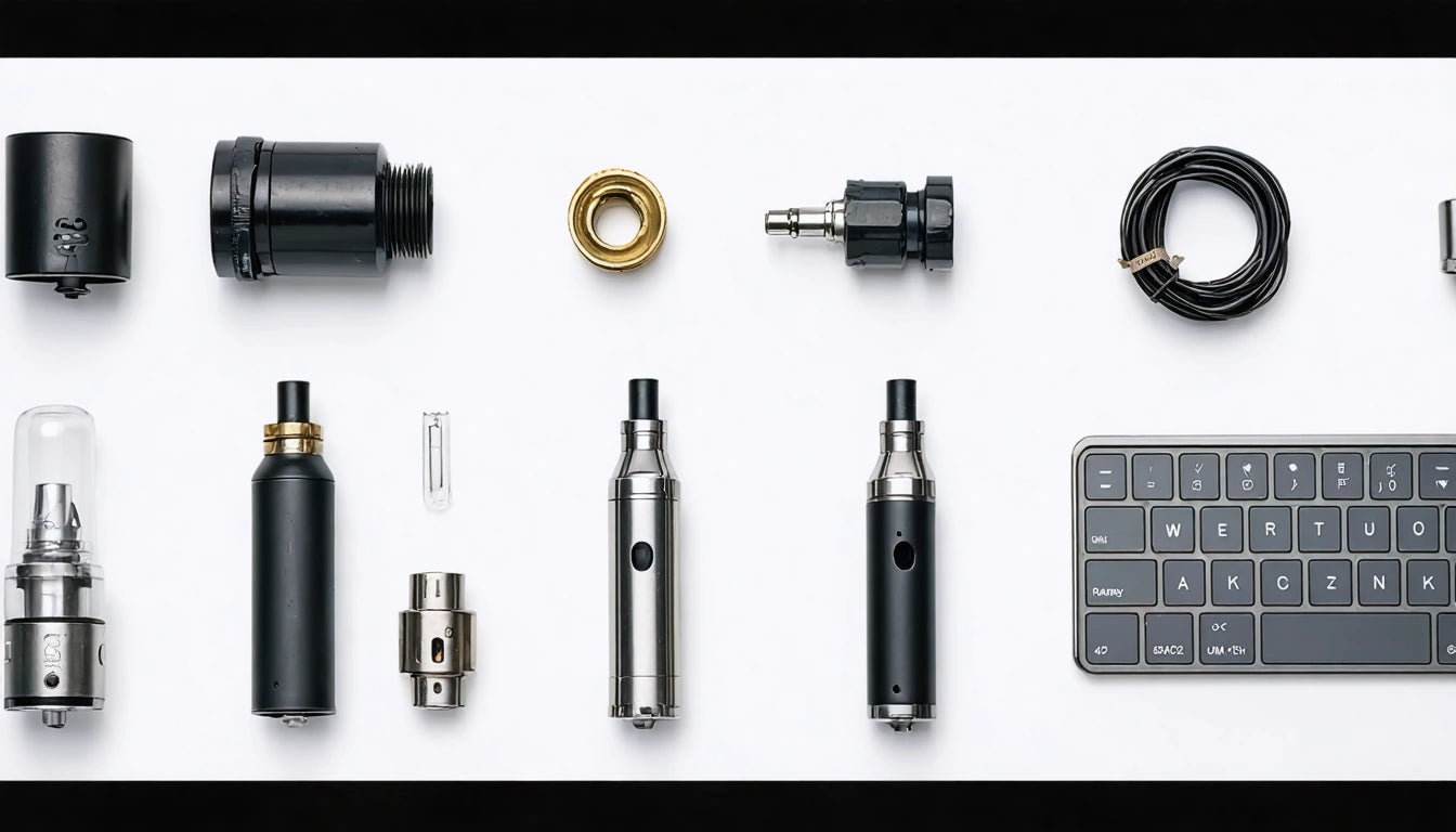 Various electronic components and a keyboard arranged neatly on a white surface