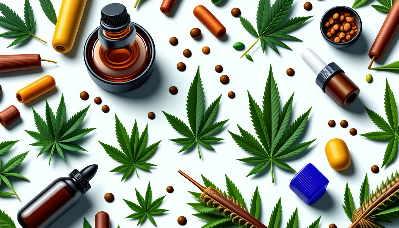 Green leaves, brown bottles, capsules, and scattered seeds on a white background