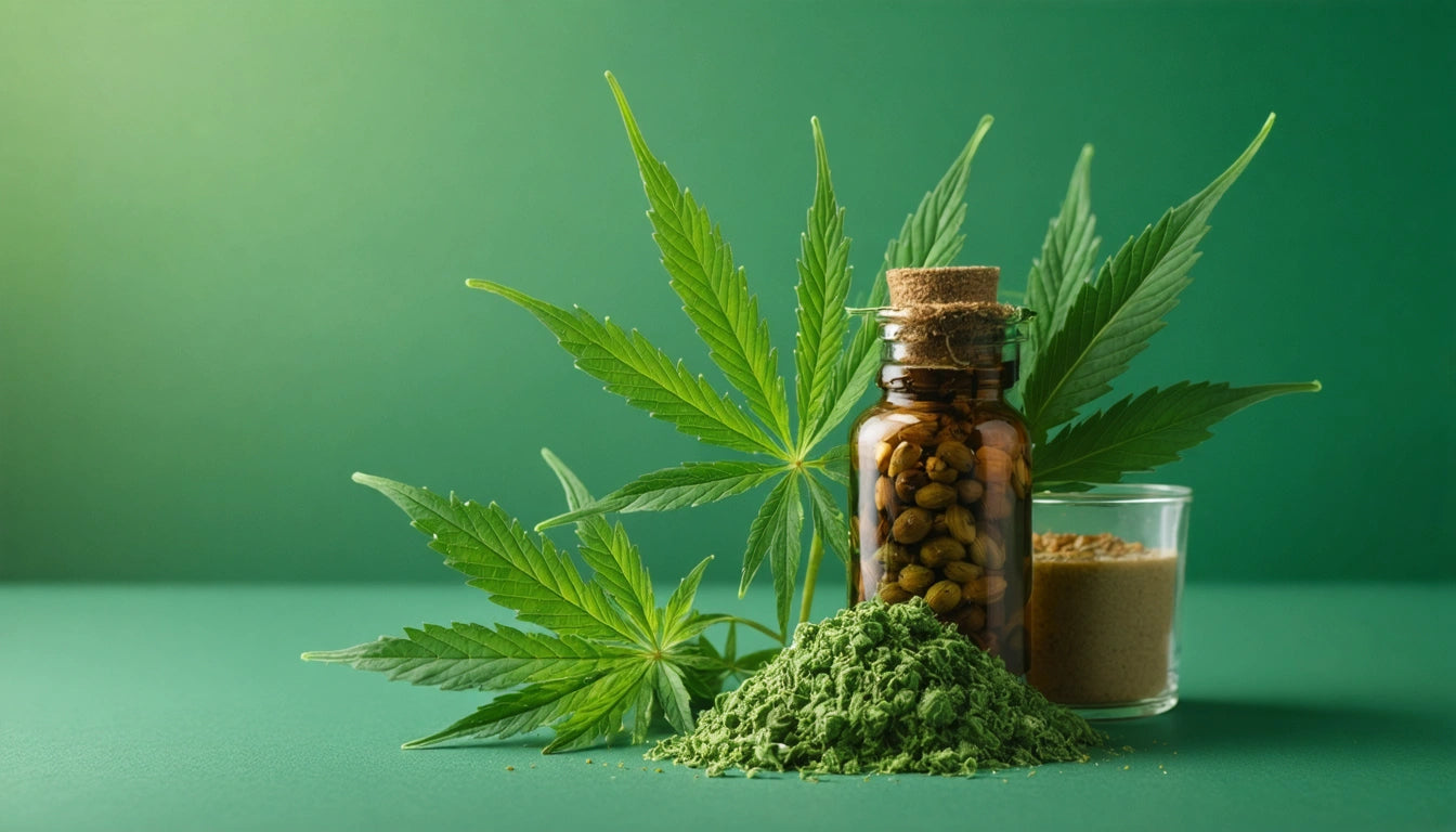 Glass jar with seeds, green leaves, and two piles of ground herbs on a green surface with a green background
