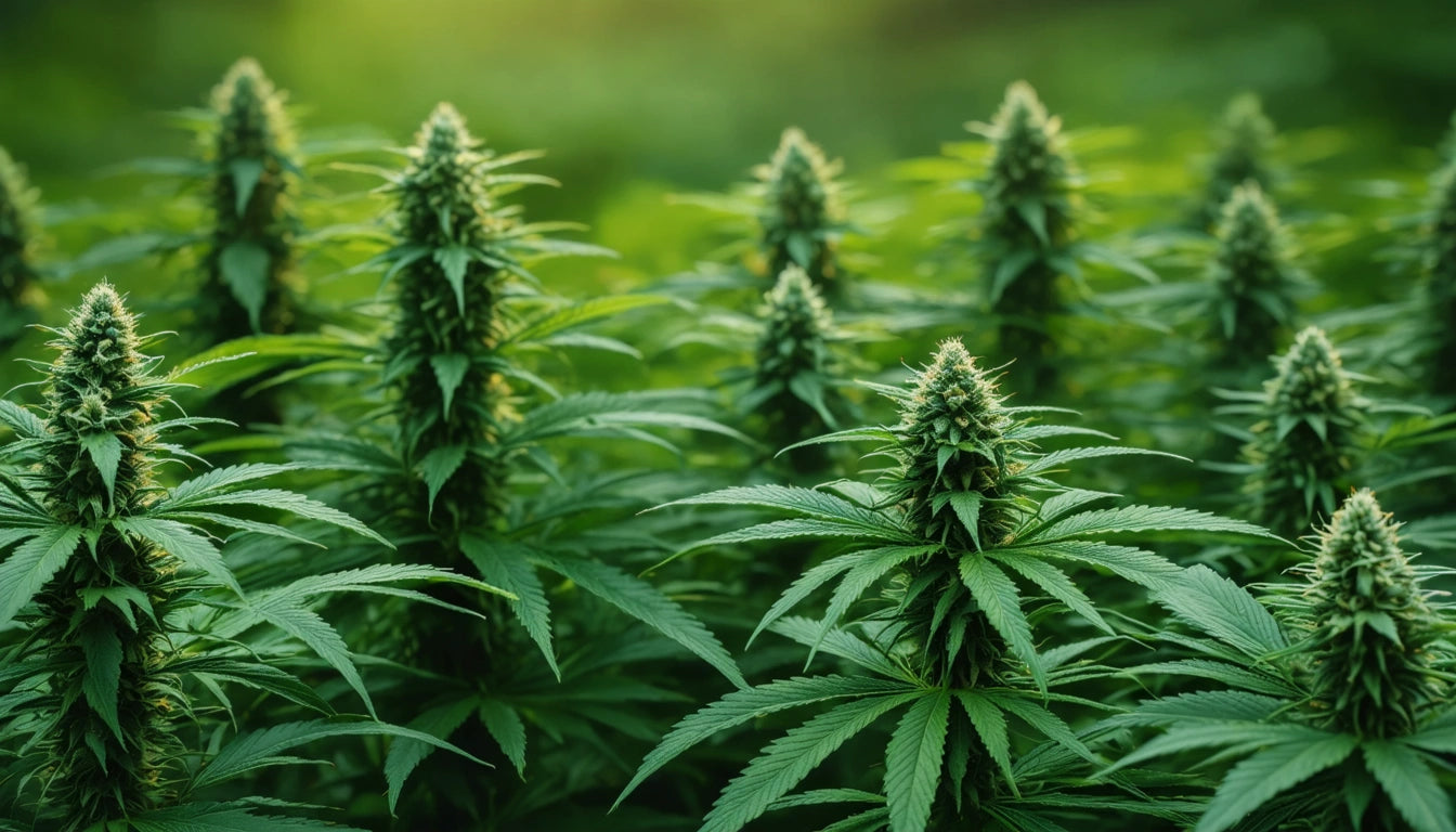 Dense green plants with pointed leaves and clustered buds in a lush outdoor setting