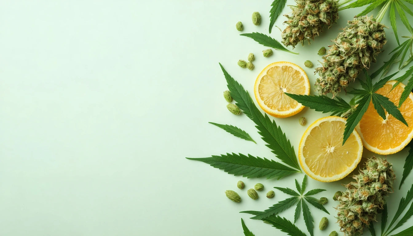 Lemon slices, cannabis leaves, and buds scattered on a light green background
