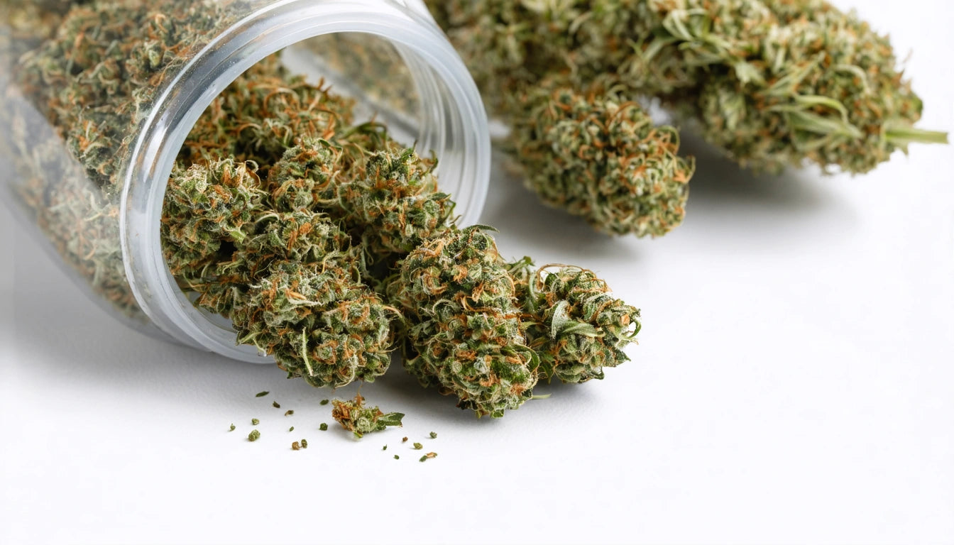 Clear jar tipped over, spilling green and orange plant buds onto a white surface