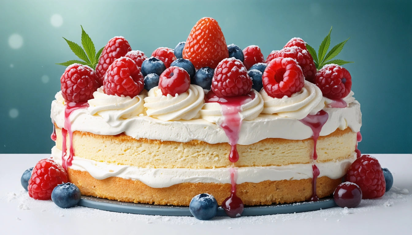 Layered cake with white frosting, topped with raspberries, blueberries, and a strawberry, with syrup drips and green leaves