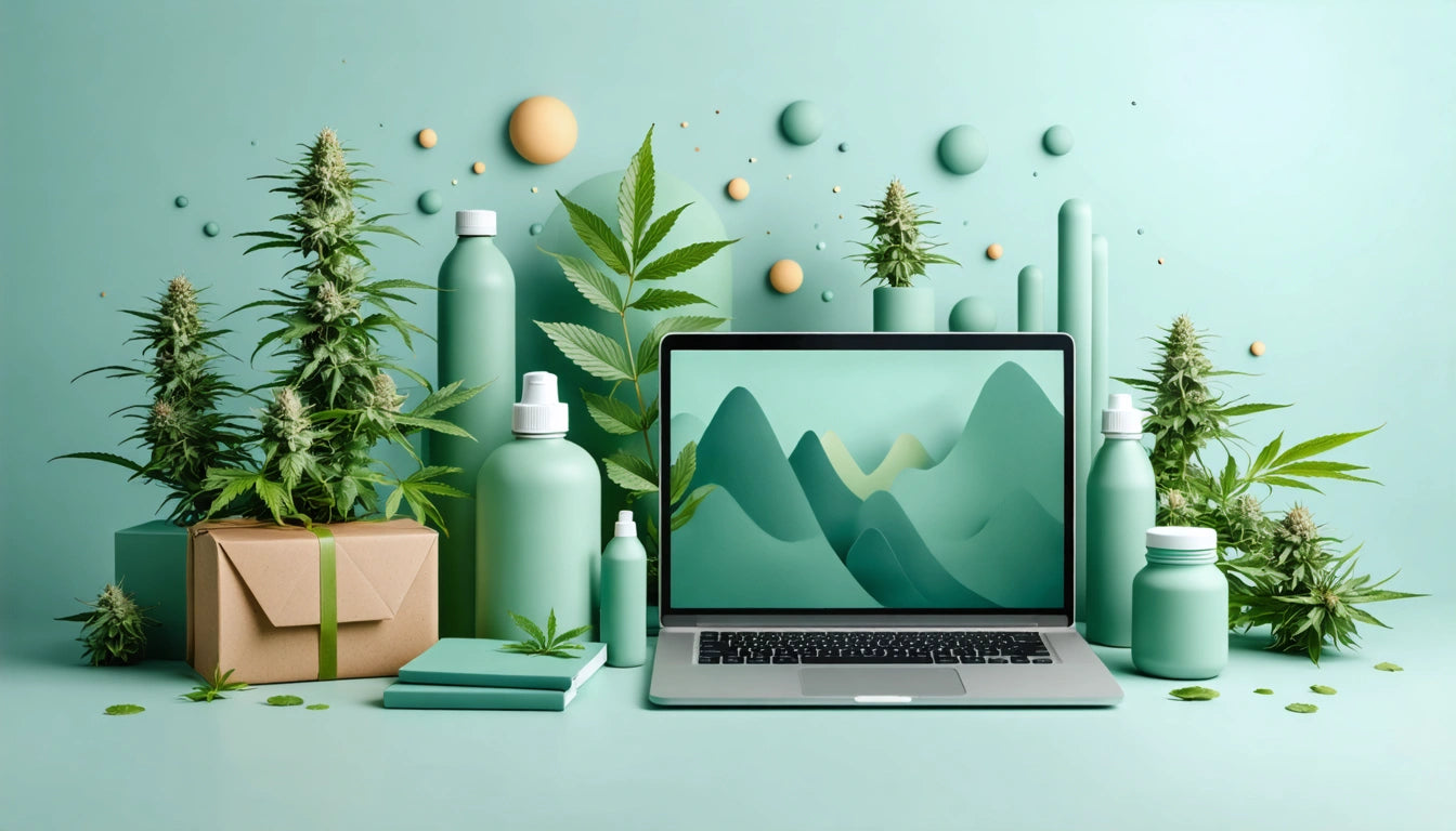 Laptop displaying green mountains, surrounded by green bottles, plants, and cardboard box on a mint green background