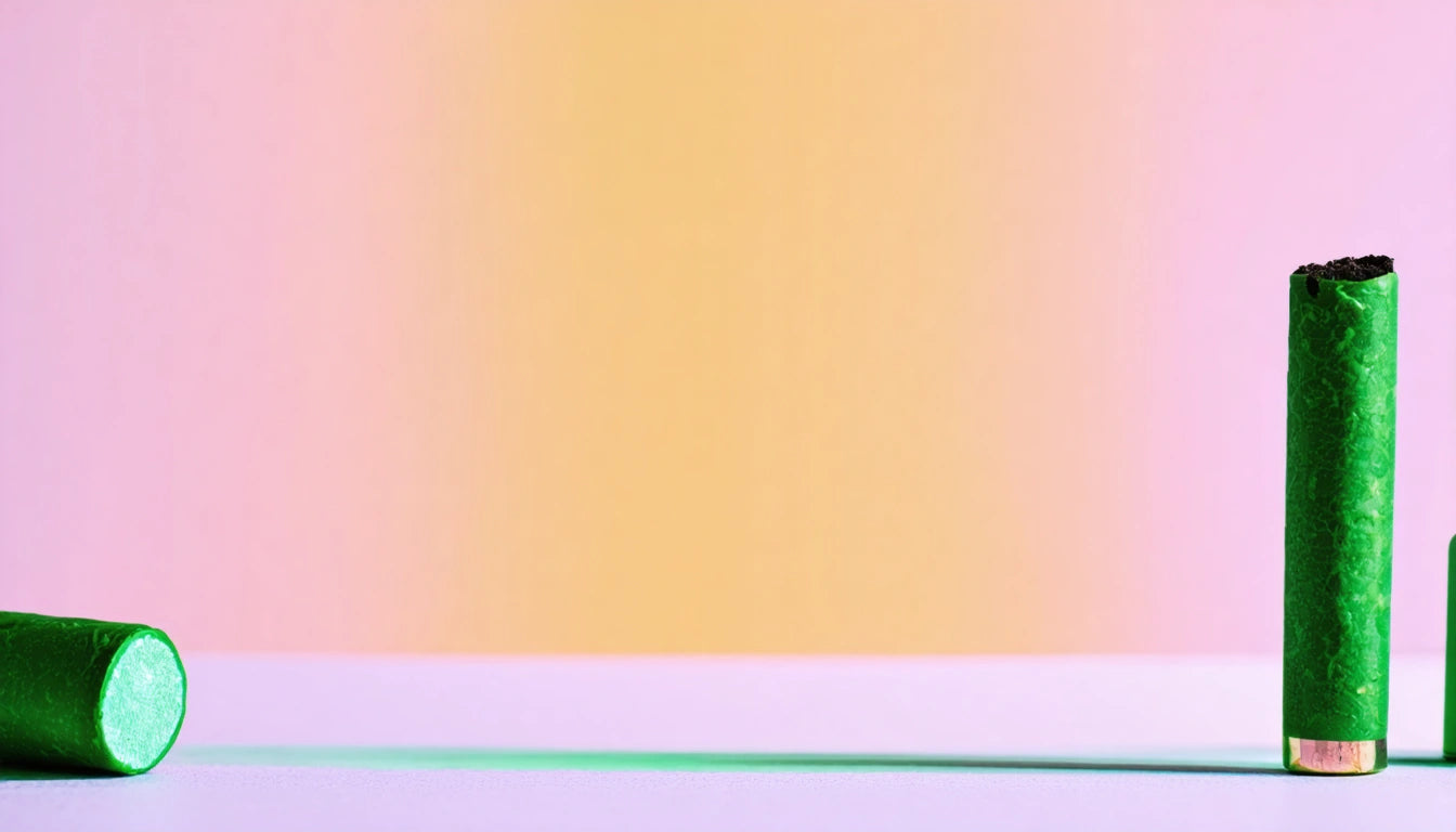 Green cylindrical objects on a pink and yellow gradient background, one lying down, the other standing upright