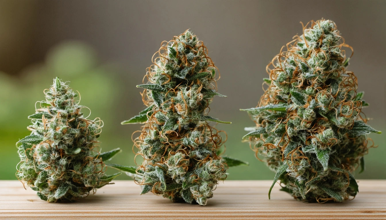 Three dense, green and orange buds with curly strands on a wooden surface, set against a blurred green background