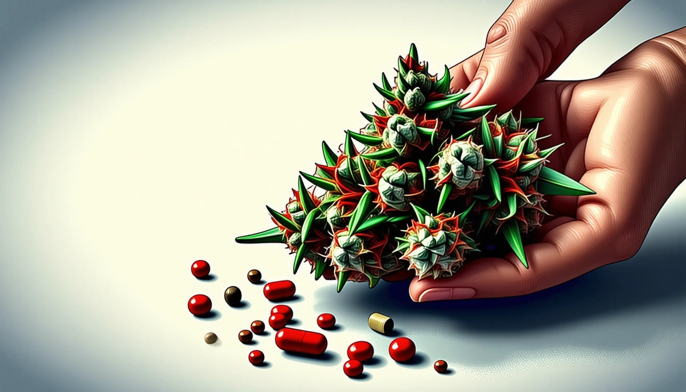 Hand holding spiky green and red plant, scattered red and brown pills on white surface