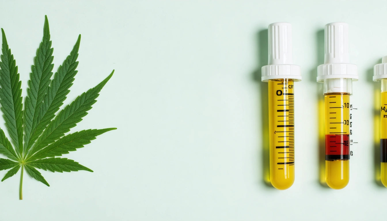 Green cannabis leaf on left, two syringes with yellow liquid on right against a light green background
