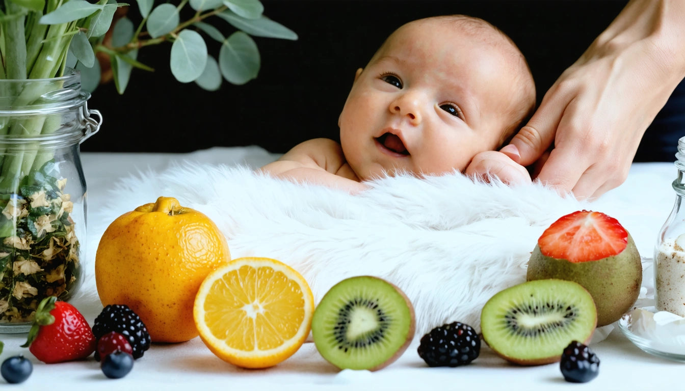 Baby lying on white fur surrounded by sliced kiwi, orange, and strawberry, with a hand gently touching the baby's head