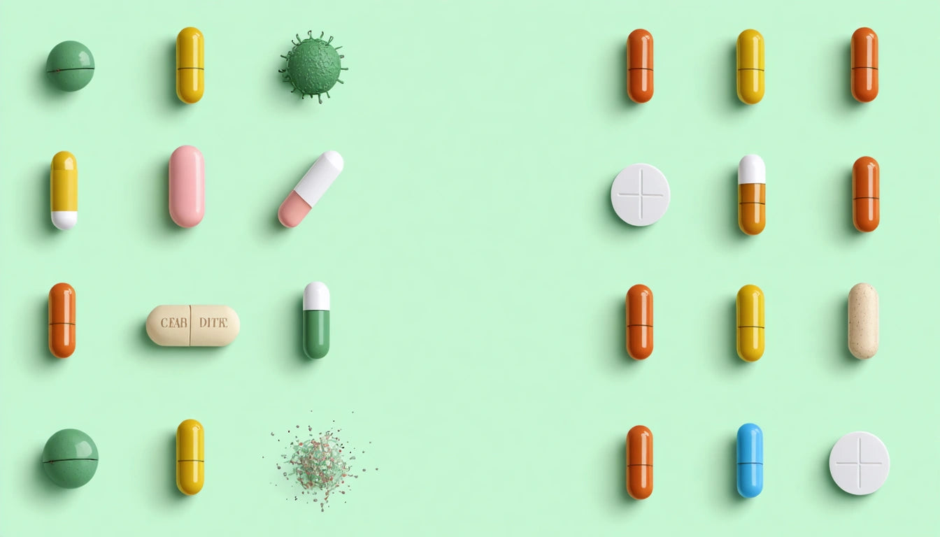Various colored pills and capsules arranged on a light green background, including round, oval, and capsule shapes