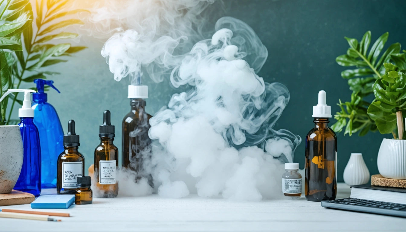 Glass bottles with droppers and labels, surrounded by swirling white smoke, against a green background with plants