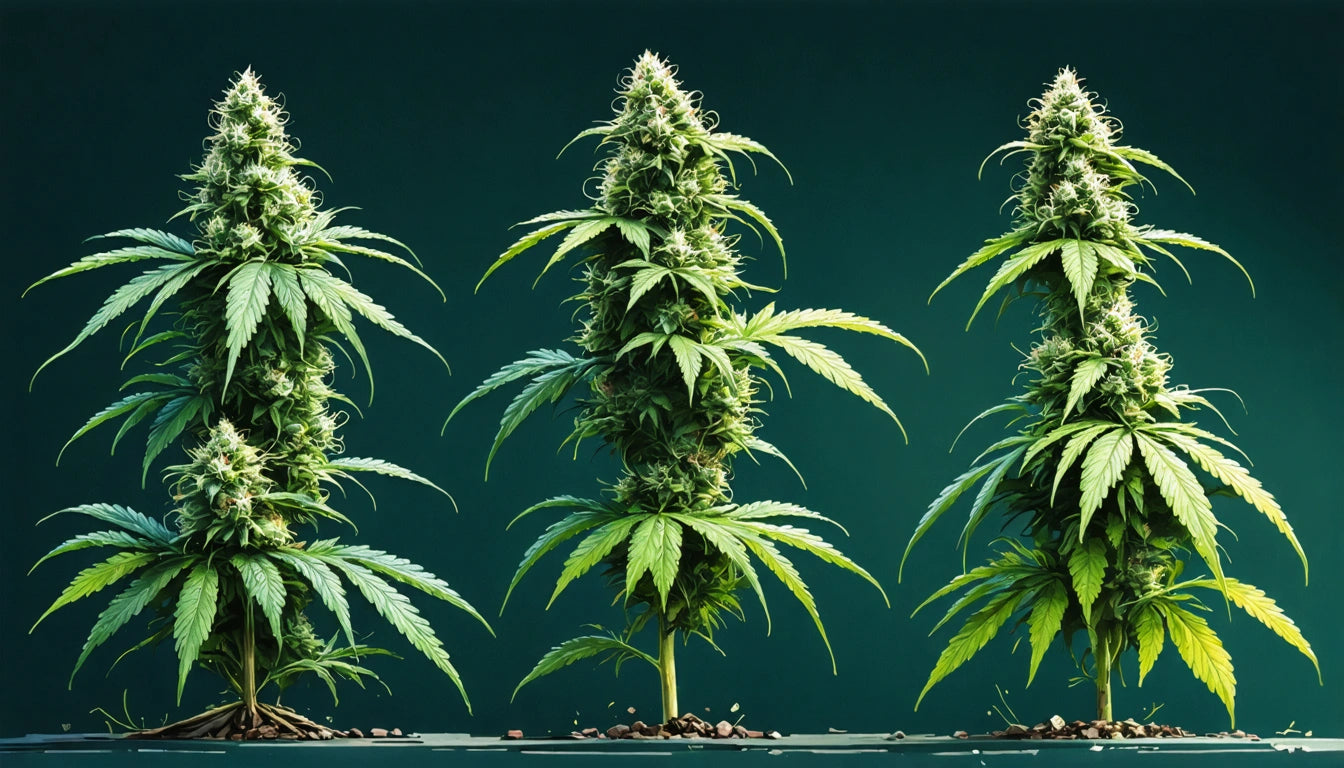 Three tall, leafy plants with dense clusters of green leaves and buds against a dark green background