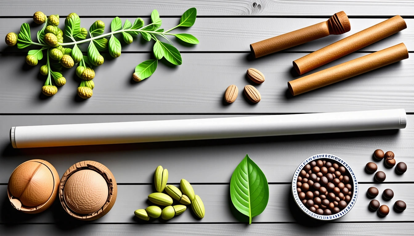 Various nuts, leaves, and spices arranged on a wooden surface, including cinnamon sticks, pistachios, and a white rolling pin