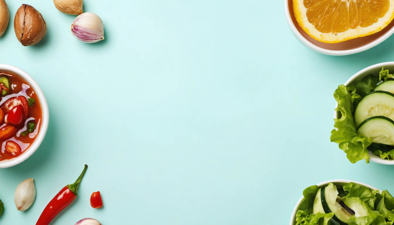 Garlic, nuts, and chili on left; orange slice and salad with cucumber on right; light blue background