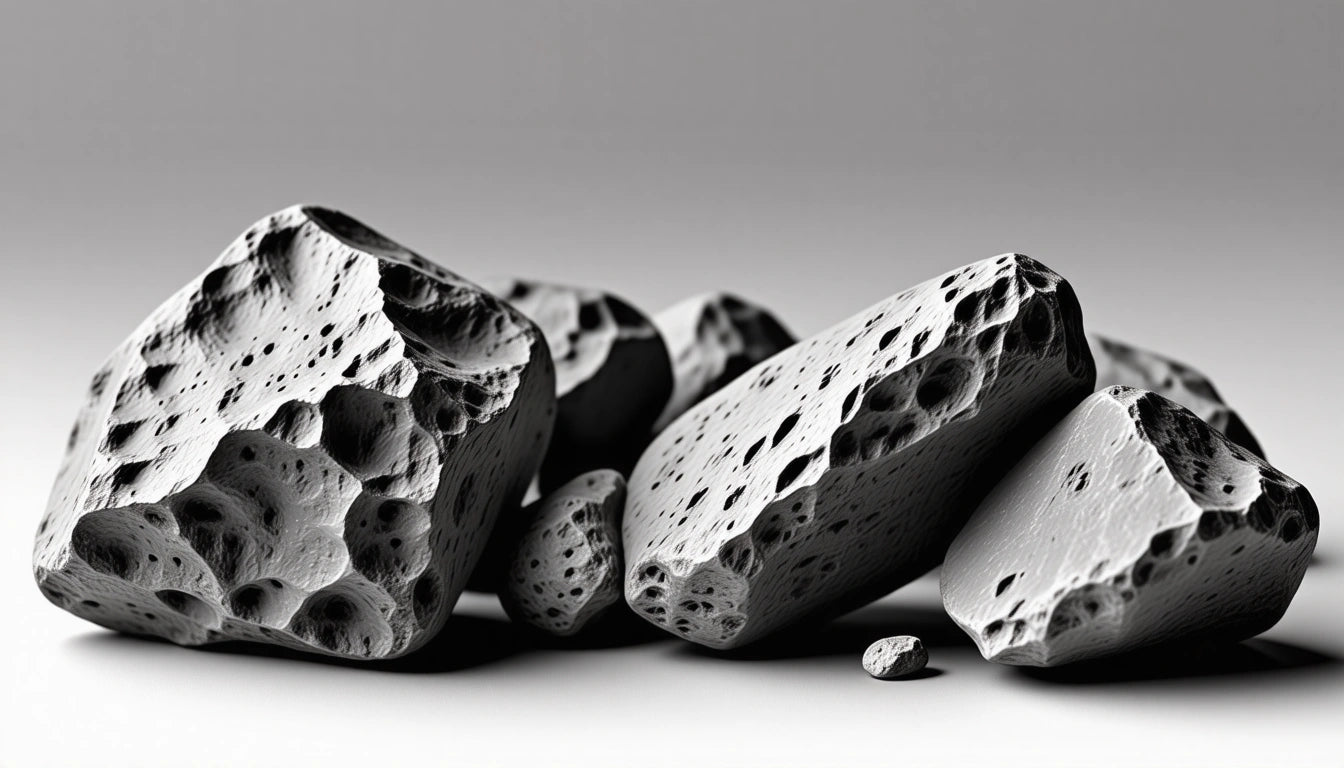 Several porous, textured rocks in grayscale on a smooth surface with a gradient gray background