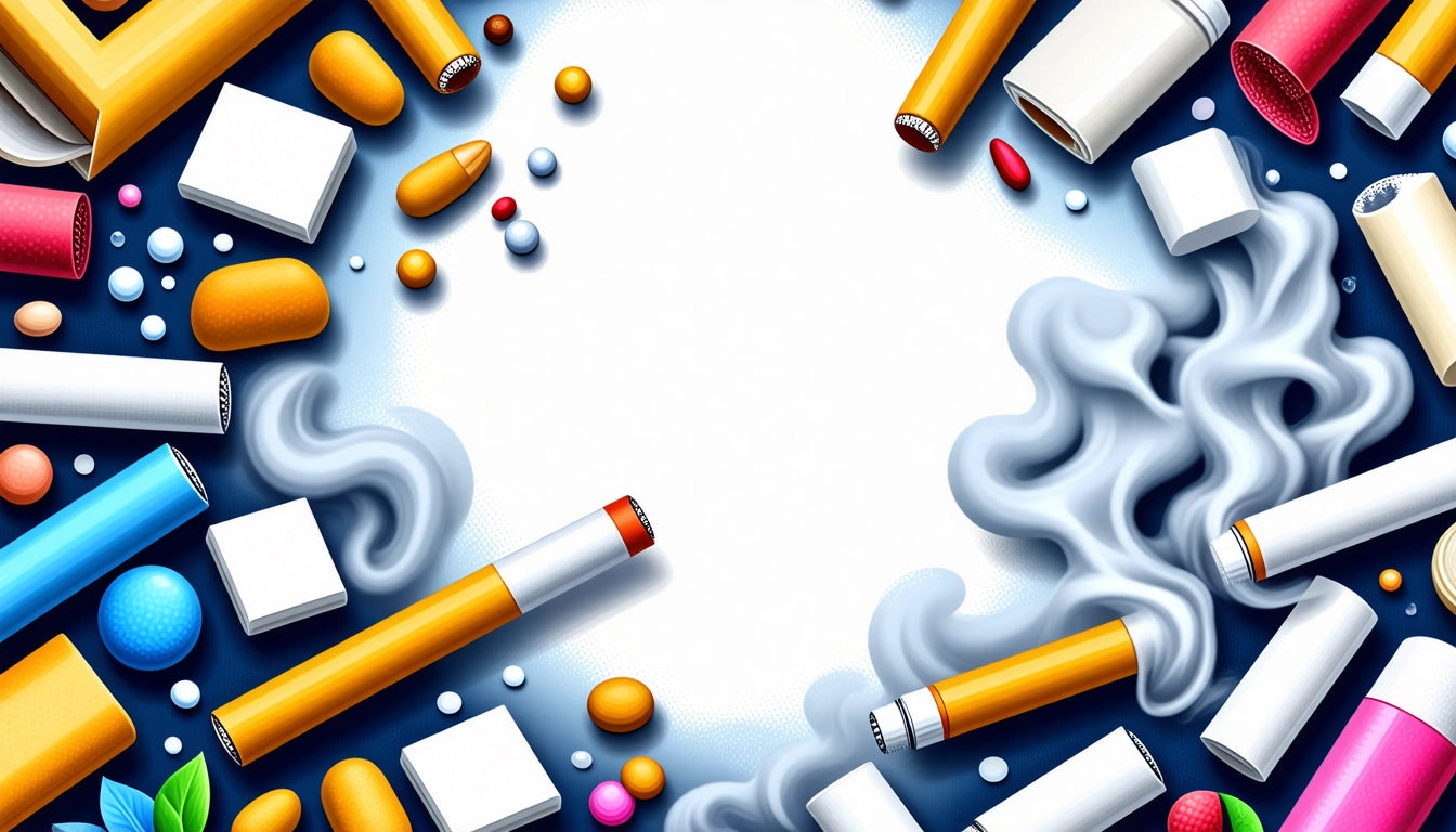 Cigarettes, pills, and smoke clouds surrounding a white center on a dark background