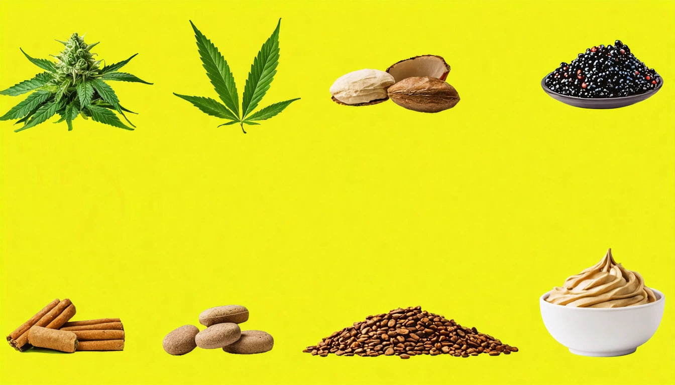 Cannabis leaves, nuts, berries, cinnamon sticks, cookies, seeds, and a bowl of cream on a bright yellow background