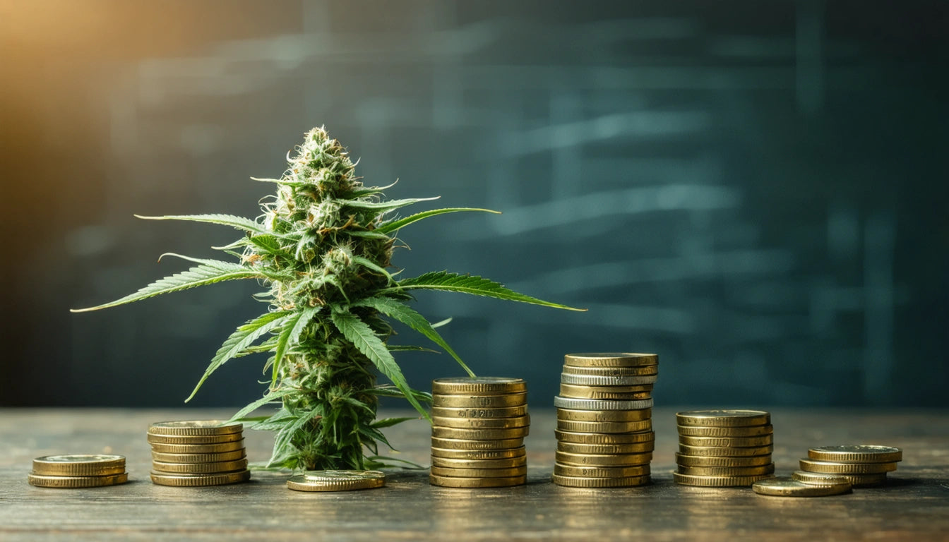 Stacked gold coins next to a green plant with spiky leaves on a wooden surface, dark blurred background