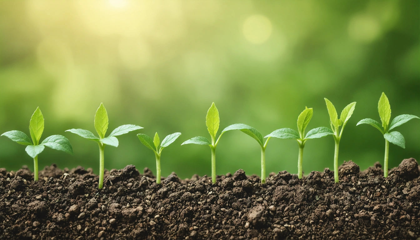 Seven small green seedlings sprouting from dark soil against a blurred green background with soft sunlight
