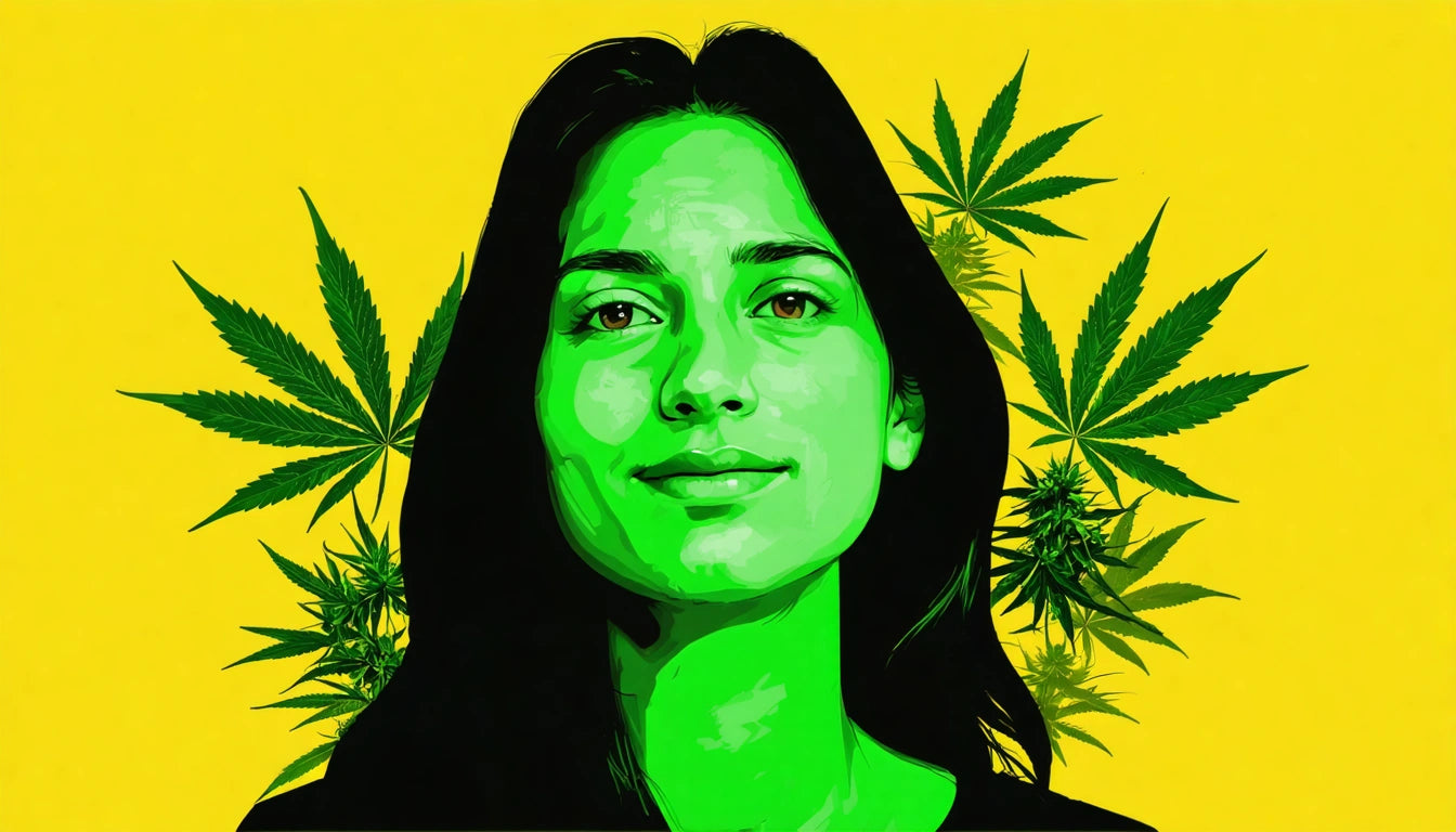Woman with green-tinted skin and dark hair, surrounded by cannabis leaves on a bright yellow background