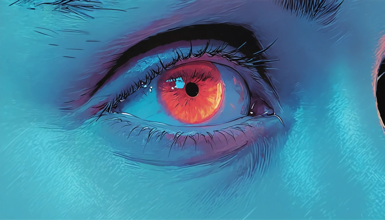 Close-up of a human eye with a glowing red iris and detailed eyelashes, surrounded by blue and purple skin tones
