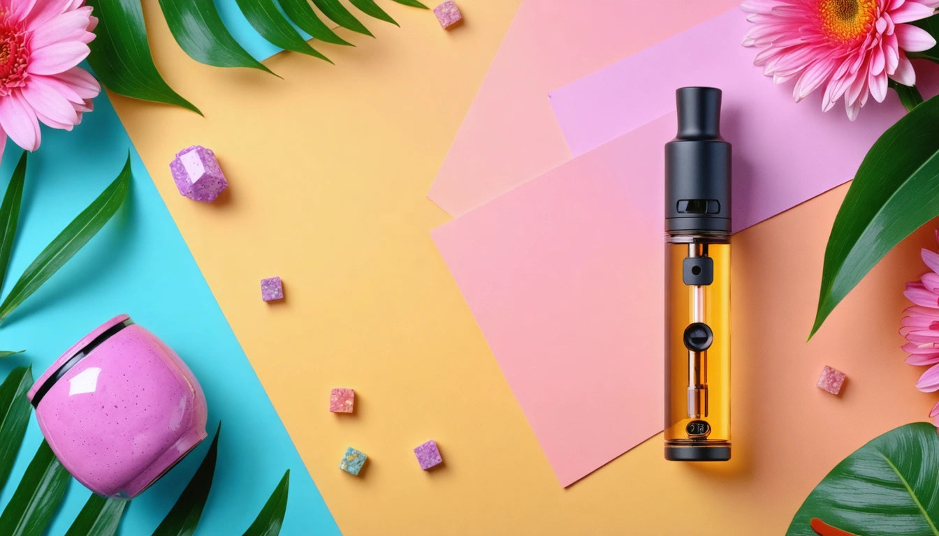 Pink vape pen on colorful paper with pink flowers, green leaves, and scattered small cubes on a yellow background